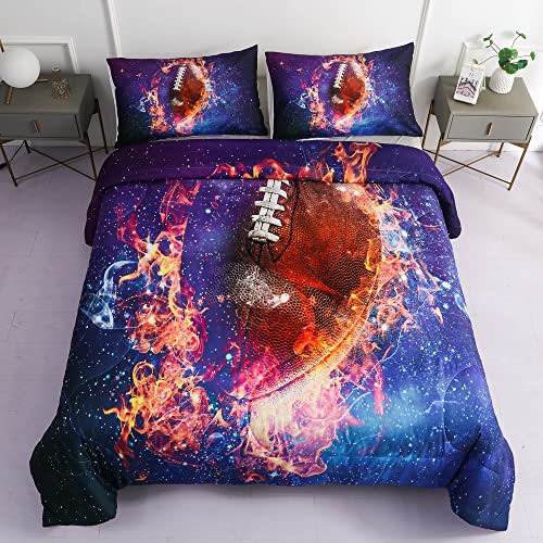 Roscloud Sports Football Rugby Comforter Sets Twin Size Bed Set- 2Pc Ice Flame Galaxy Football Boys Quilt Bedspread Bedding Set（Comforter X 1 Pillowcases X 1） #TOP10