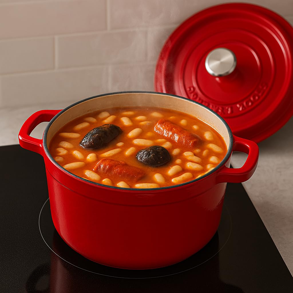 XSQUO OGT-2R22R, Useful Tech Pentola in ferro pressofuso rotonda con rivestimento ceramico vetrificato Cocotte con coperchio, Gourmet Tools (Rosso, 22 cm)