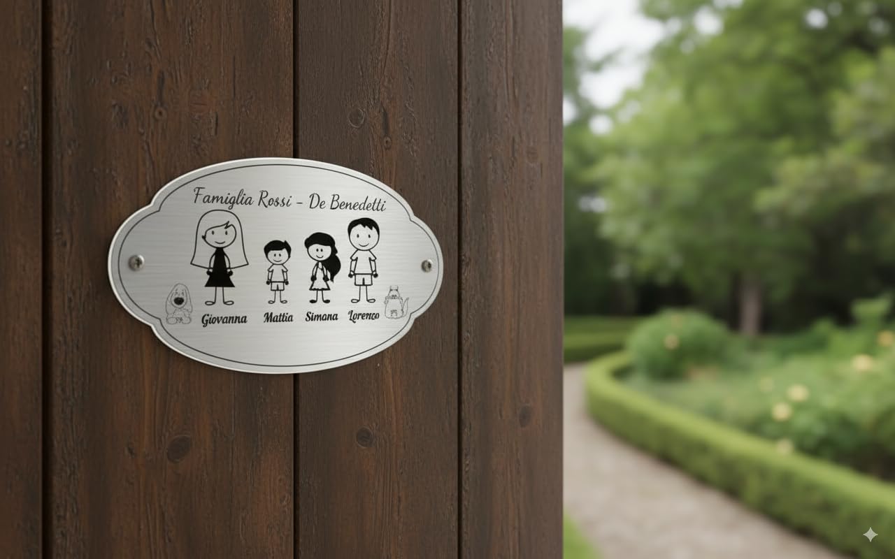 Targa Porta Ingresso Personalizzabile Argento Spazzolato - Nome, Indirizzo, Design a Scelta, Targhetta Fuoriporta Laser Incisa Laminato Plastico