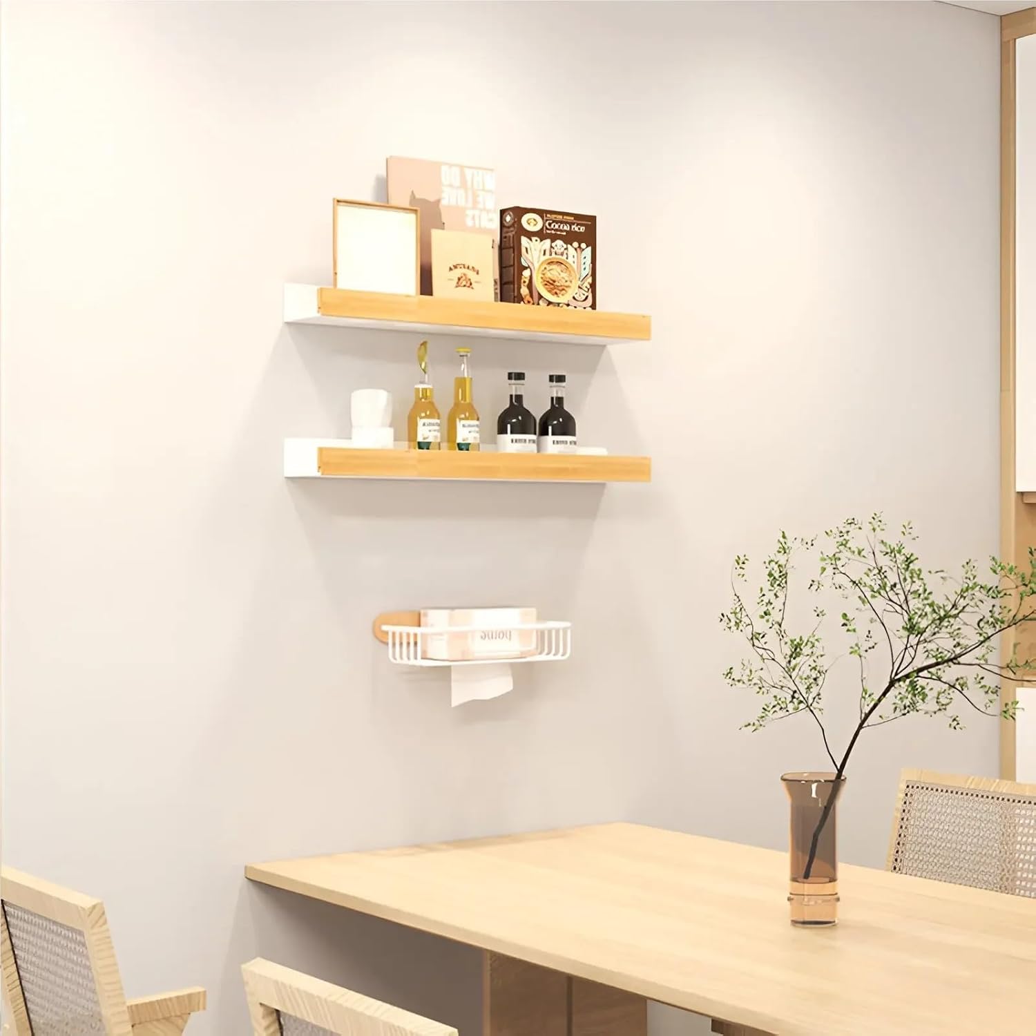 Beech Wood Bathroom Storage Rack Wall Mounted Light Luxury Living Room Non Perforated Shelf(Raw Wood white-20CM)