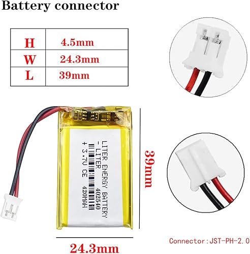Miniatura 2 de Batería recargable del ion del polímero de litio de la batería del litro 3.7V 420mAh 402540 Lipo con el conector JST 6.6 ft m