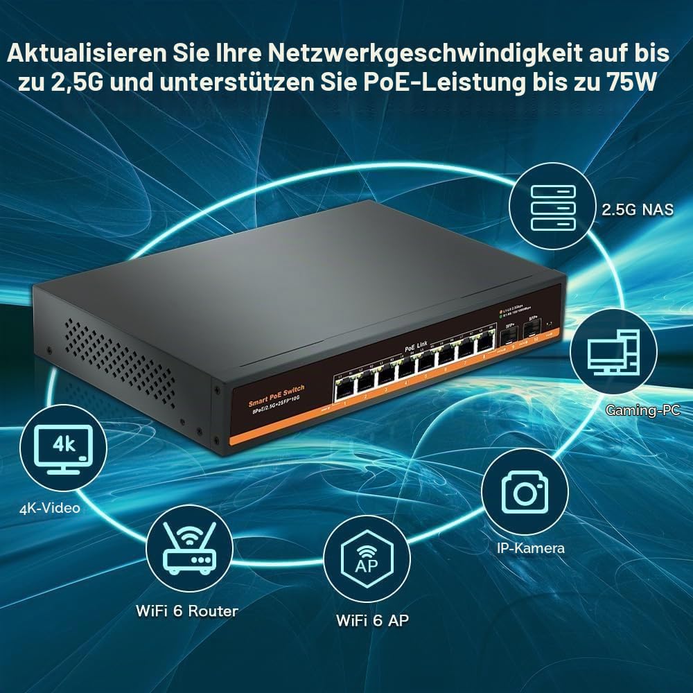 2.5G Unmanaged PoE Switch mit 8 x 2.5G Base-T Ports und 2 x 10G SFP Uplink Port, 120W kompatibel mit 100/1000/2500Mbps, Fanlesss Design, Plug & Play, 2.5Gb Power Over Ethernet Switch(10)