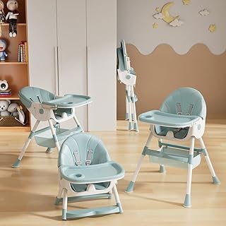 Chaise haute pour bébé enfant 4 en 1 réglable avec harnais 5 points, de la naissance à 6 ans,Réglage rétractable à 4 positions, plateau de service, Vert