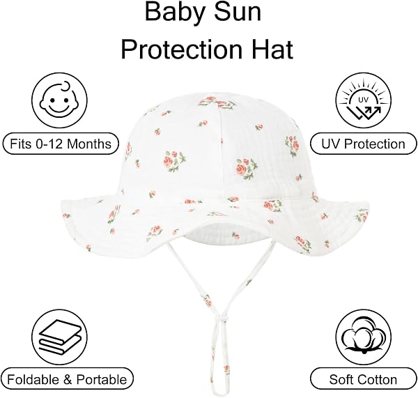 HTTDSLF 2 Pcs Chapeau Soleil Bébé Fille, Fille Coton Chapeaux de SoleilAjustable Naissance Bonnet UV Enfant Casquette Coton Casual Plage Vacances 0 à 2 Ans, Blanc et Fleuri - 4