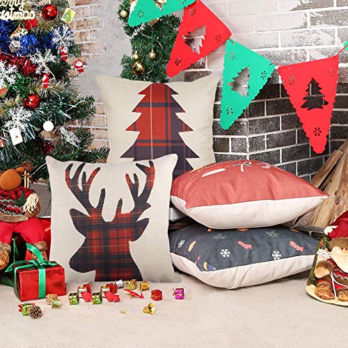 Fjfz Christmas Reindeer Decorative Throw Pillow Cover 18X18, Xmas Red Black Buffalo Plaid Check Elk Home Farmhouse Decoration Winter Antlers Cotton Linen Cushion Case Decor For Sofa Couch #TOP6