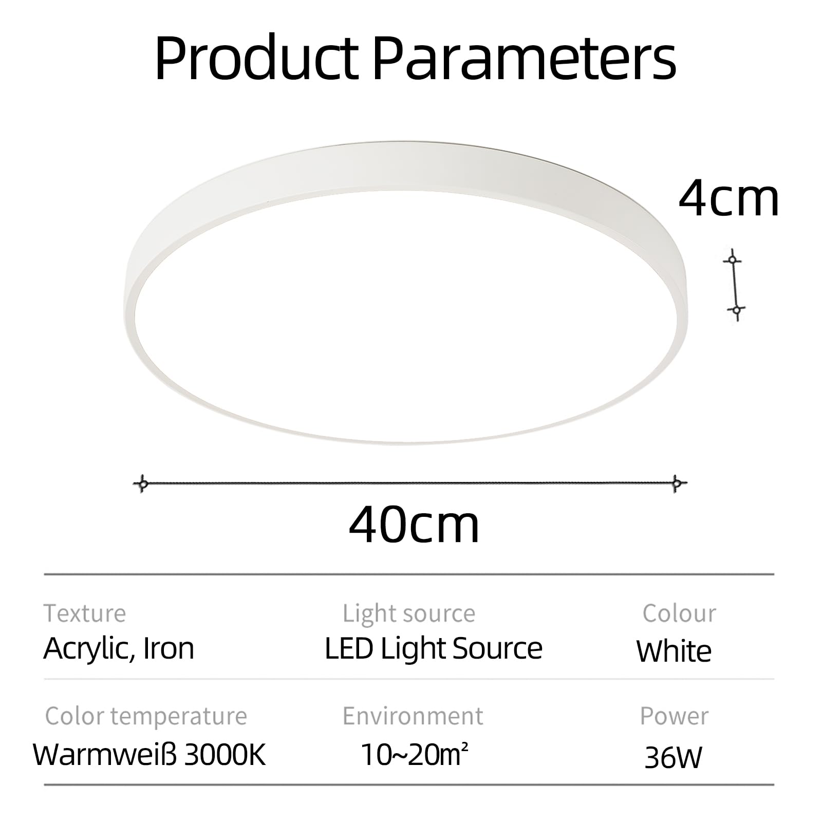 36W LED Deckenleuchte Runde Flach Deckenlampe, Warmweiß 3000K,Metall Leuchte für Wohnzimmer Schlafzimmer Küche Büro Flur Diele (Weiß, Ø400x40mm)
