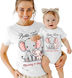 Custom Mom and Baby Matching Outfits, Our First Mother Together with Elephant Love, Name, Heart, Mommy and Me Shirt, Mama Son Daughter Newborn, Birthday, Babies Shower, New First Time Gifts