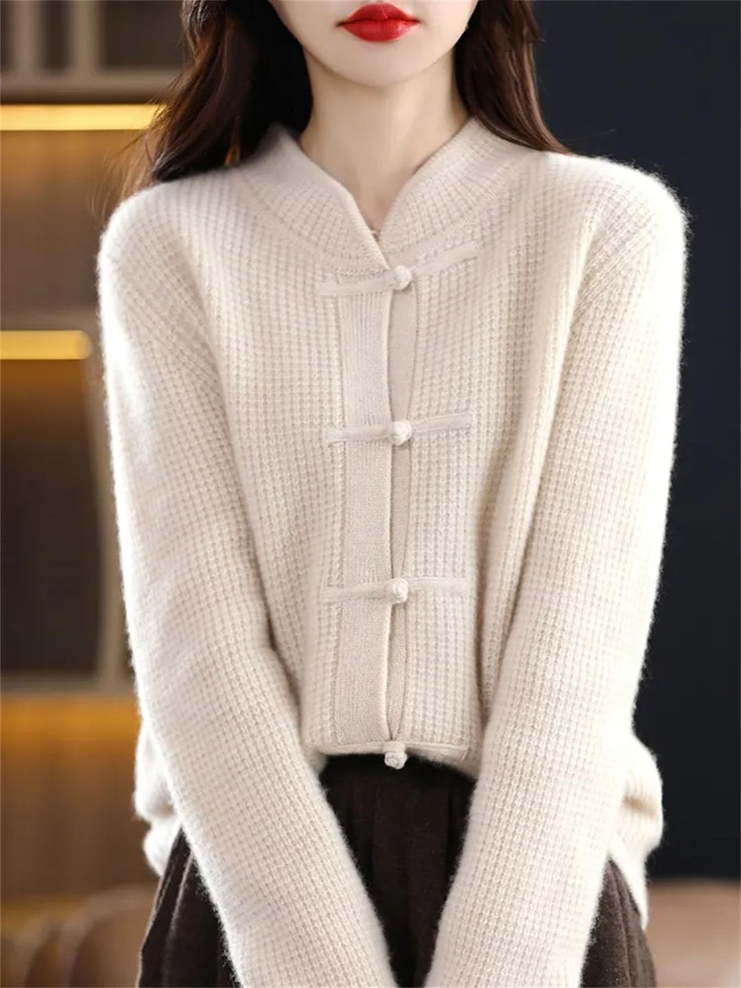 Alloaone Cárdigan De Lana para Mujer Chaqueta De Cachemira Tejida con Cuello Medio Alto Informal
