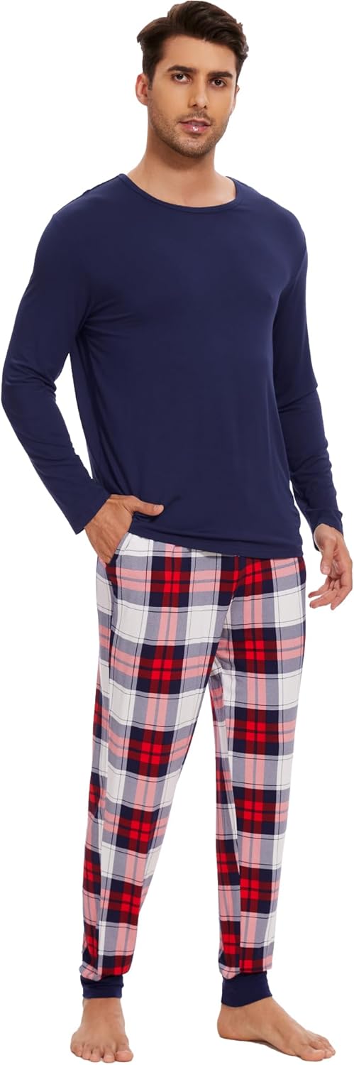 WiWi Men's Bamboo Viscose Pajama Sets Super Soft Long Sleeve Sleepwear Loungewear Cooling Pjs with Pockets Drawstring S-XXL