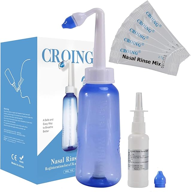 CROING - 40 x Sinus Rinse Mix + 1x Nasal Wash Bottle (300ml)+1 x Spray Bottle (50ml), Nasal Rinse Kit , Neti Pot , Nasal Irrigation