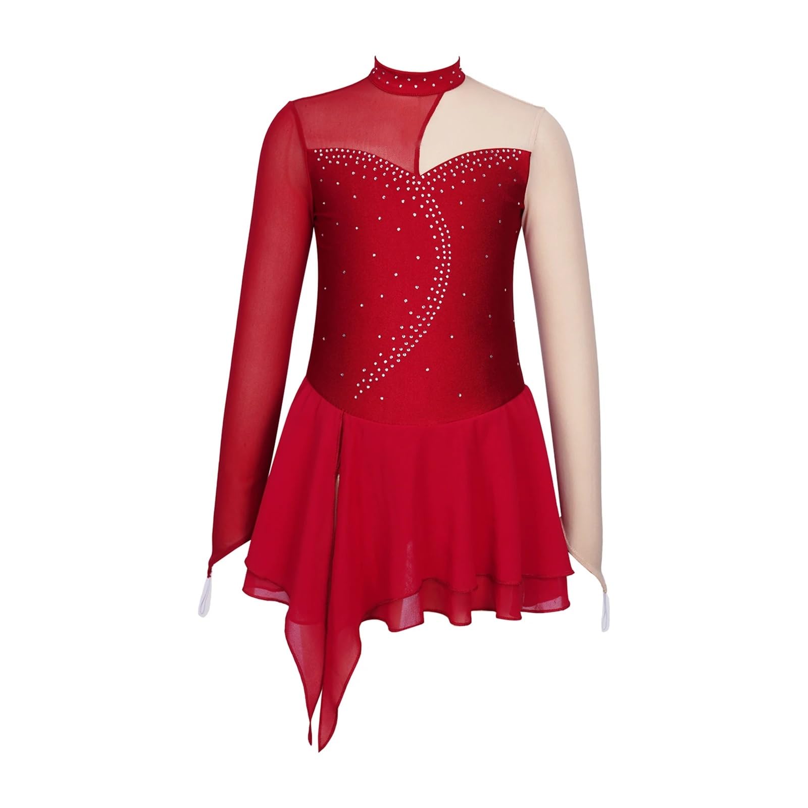 Maillot Gimnasia Ritmica Niña Vestido de manga larga con diamantes de imitación for patinaje artístico for niñas, vestido de retazos for ballet, gimnasia, baile, ropa de actuación for niños(Red E,8)