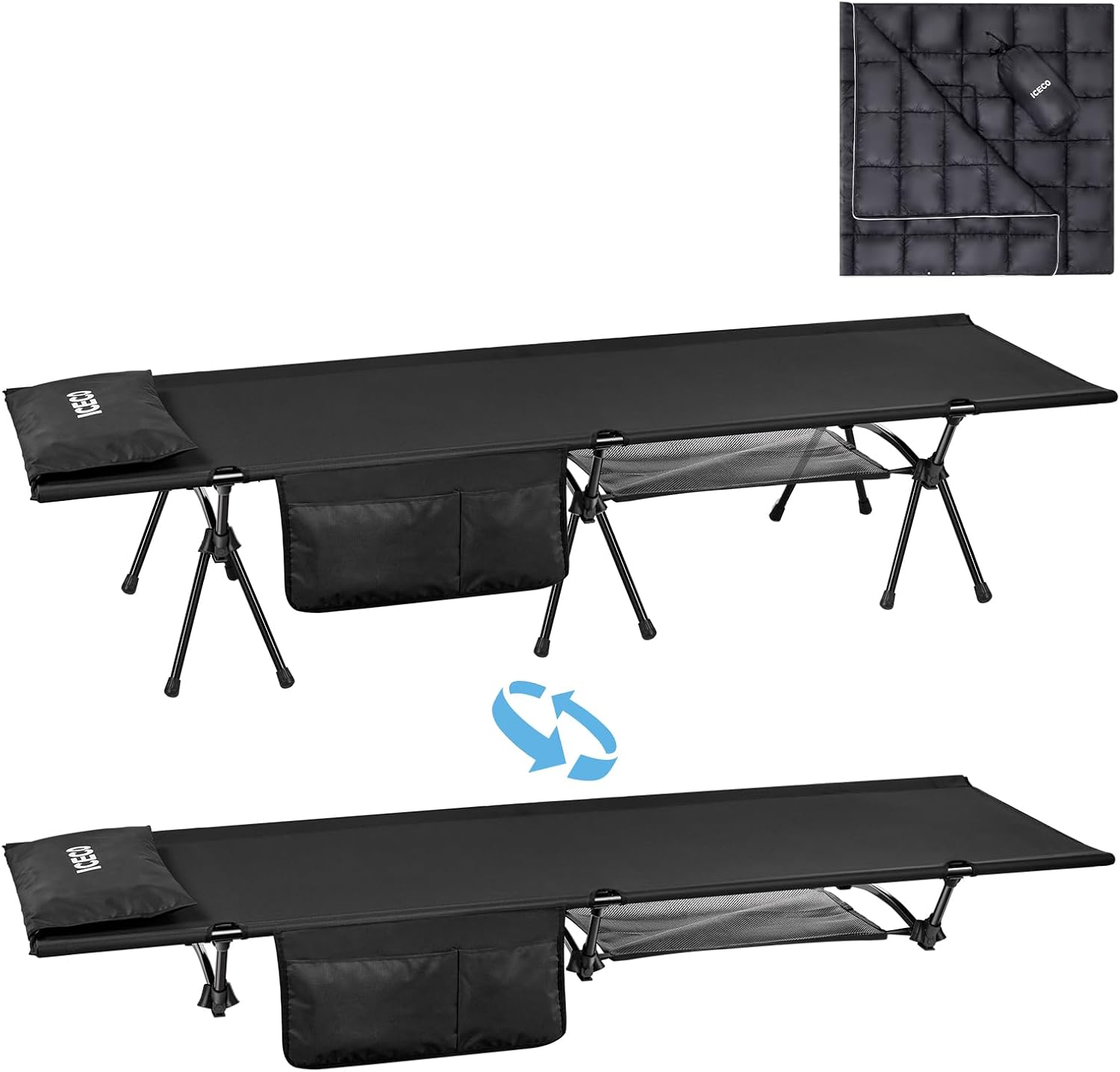 ICECO Camping Cot with Camping Blanket for Adults, 900D Oxford Fabric, Height Adjustable with Cot Leg Extenders, Sleeping Cot for Camping, Hiking, Beach, Home, Lightweight Comfortable(L-Black)