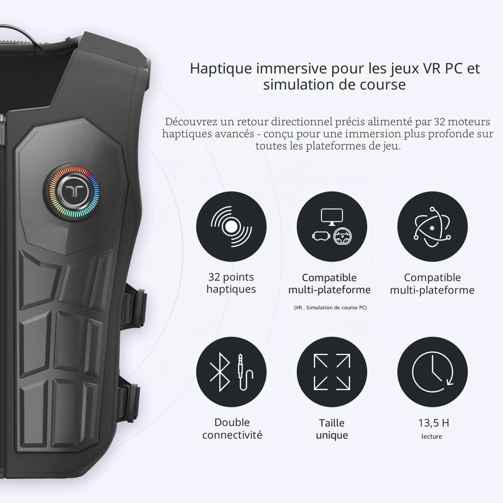 bHaptics TactSuit Pro, Veste haptique avec 32 moteurs, 13,5 heures de temps de jeu, 66-127 cm, Noir