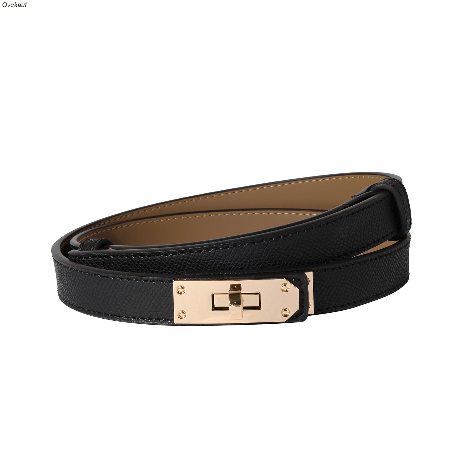 Ovekaut Women Skinny Leather Belt Solid Color Alloy Turn Lock Adjustable Waistband for Dresses Jeans Coats, Black, Adjustable