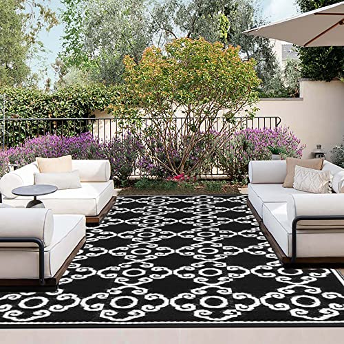 Outdoorlines Indoor Outdoor Rugs For Patio 6X9 Ft - Reversible Outside Carpet, Stain & Uv Resistant Portable Rv Mats, Plastic Straw Rug For Camping, Pool Deck, Porch Moroccan Flower Black & White #TOP9