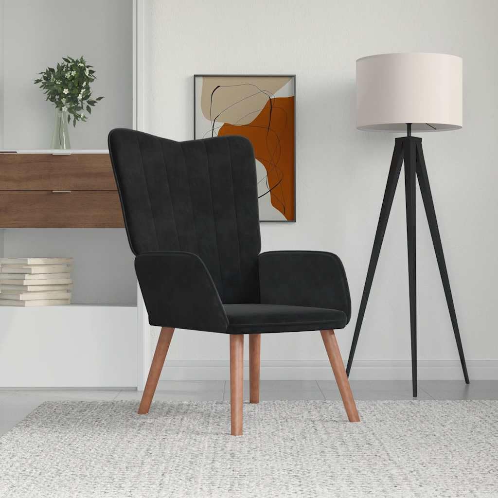 Sillón relajante, terciopelo negro, sala de estar, sillón con patas de madera, cómodo sillón de lectura para dormitorio, sillón de tapicería moderna para su hogar