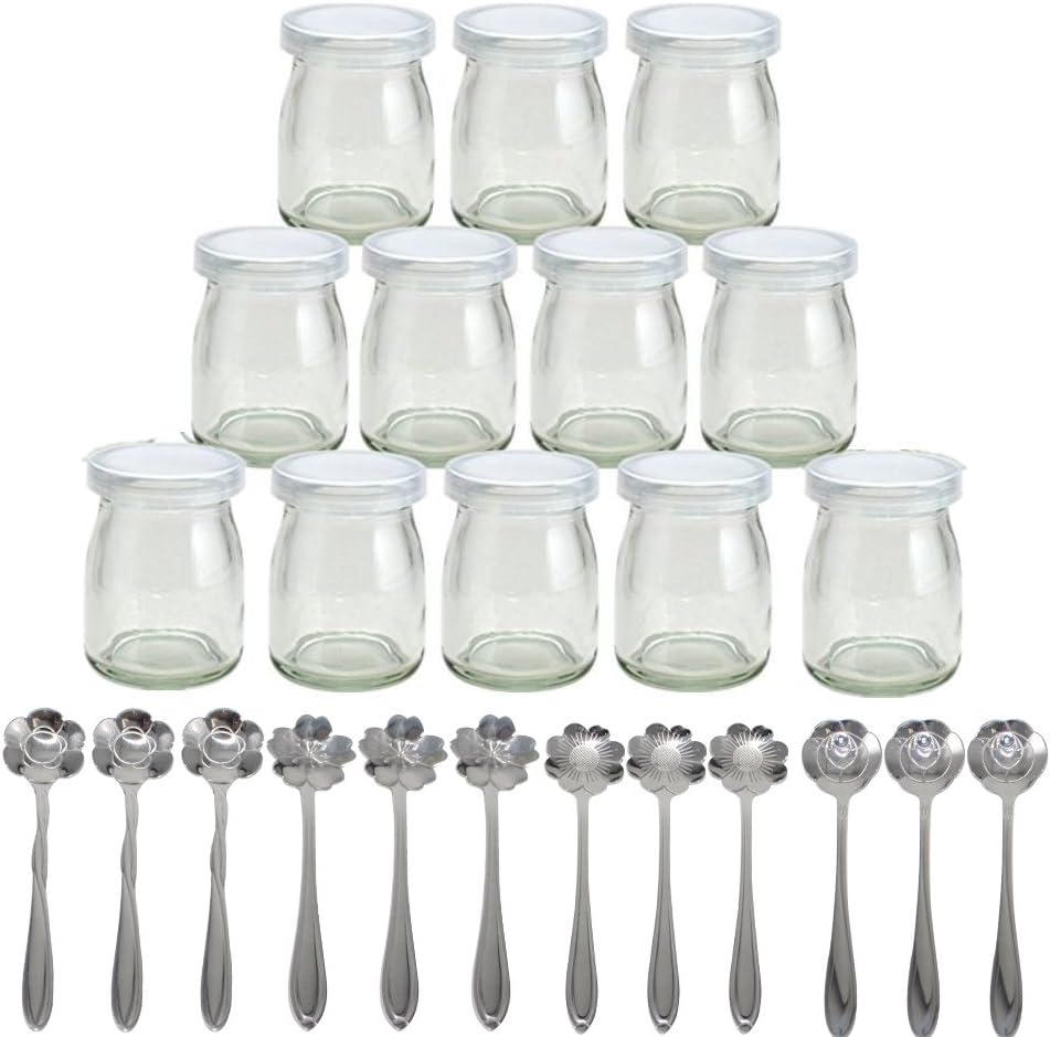 1set (12 Jars with 12 Flower-Type Dessert Spoon) Yoghurt Jars Pudding Jar with Lid Replacement Glass Jars for 100ml