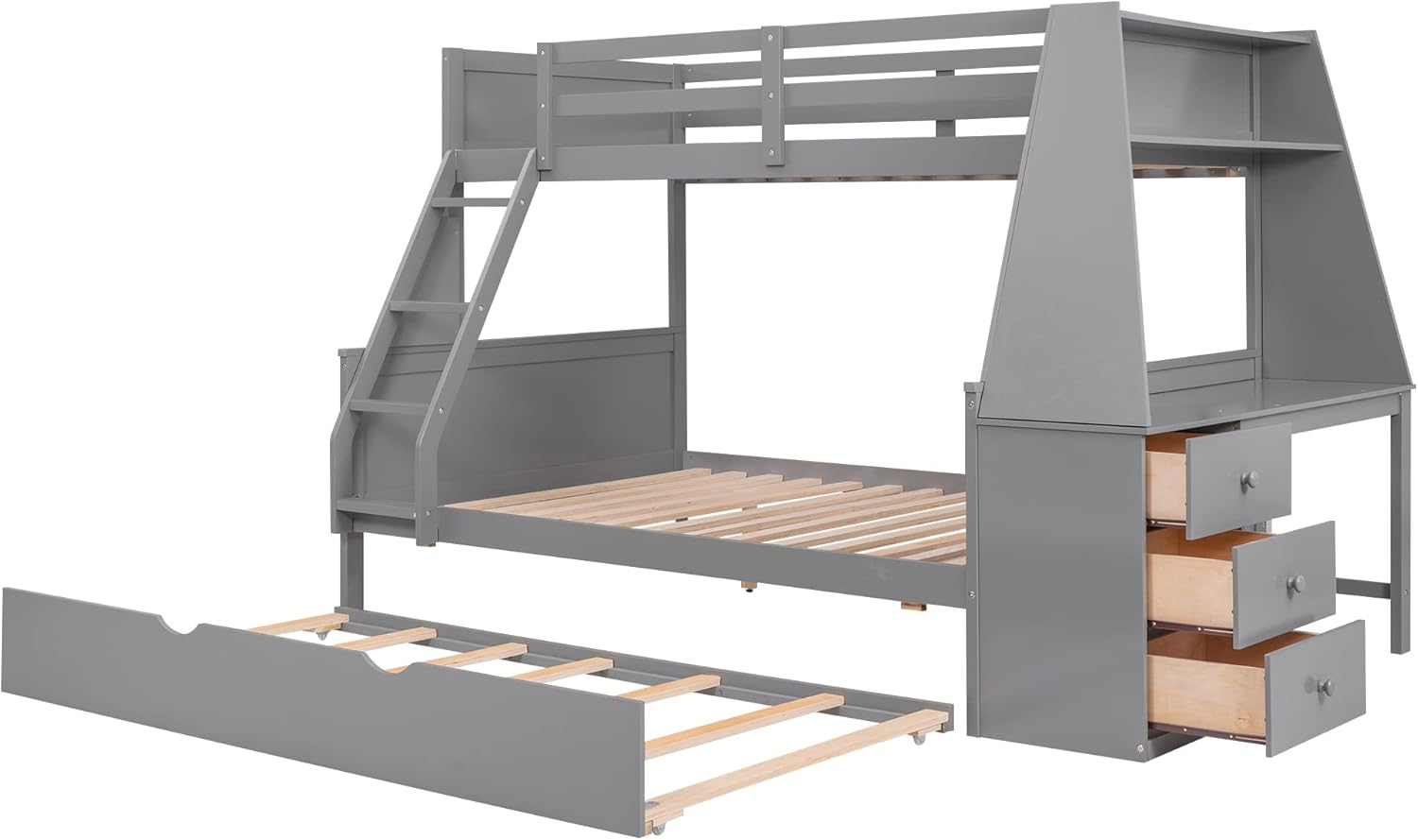 Harper & Bright Designs Twin Over Full Bunk Bed with Trundle and Built-in Desk, Three Storage Drawers and Shelf,Gray