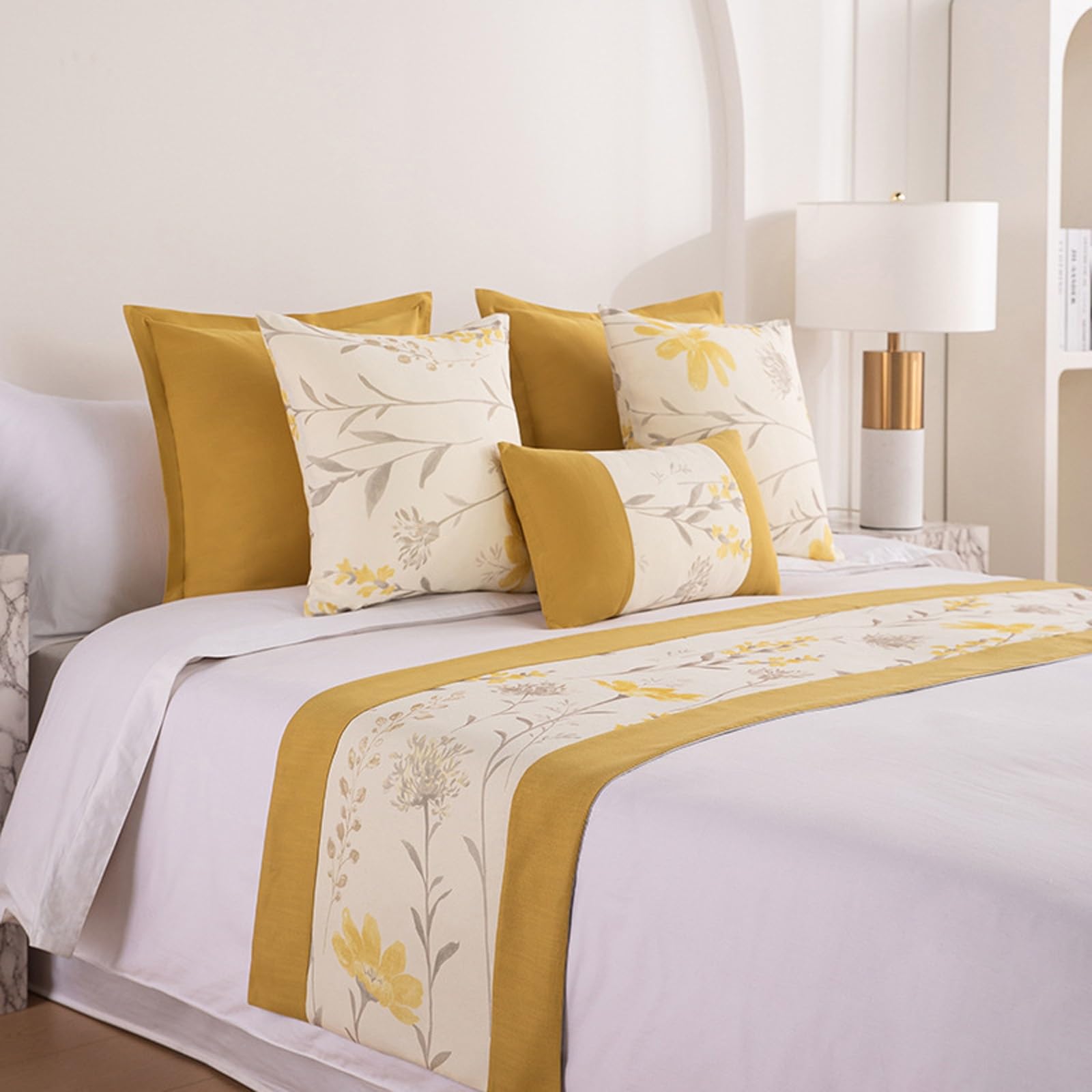 Chemin de lit jaune anti-salissure lin imprimé floral pour lit 180cm