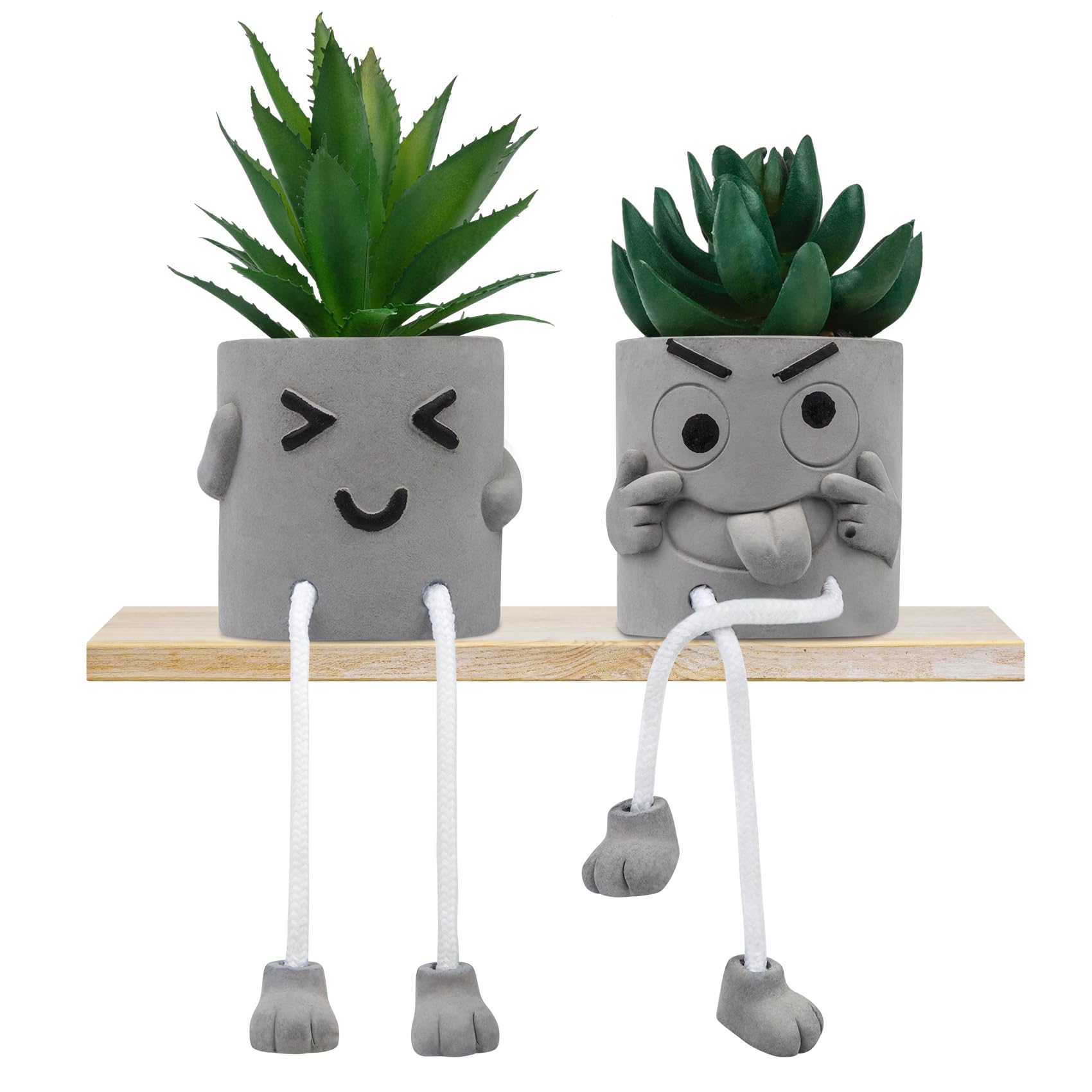 2 Pcs Plastic Fake Plants with Cement Potted, Artificial Plants Indoor, Small Artificial Plants in Pots