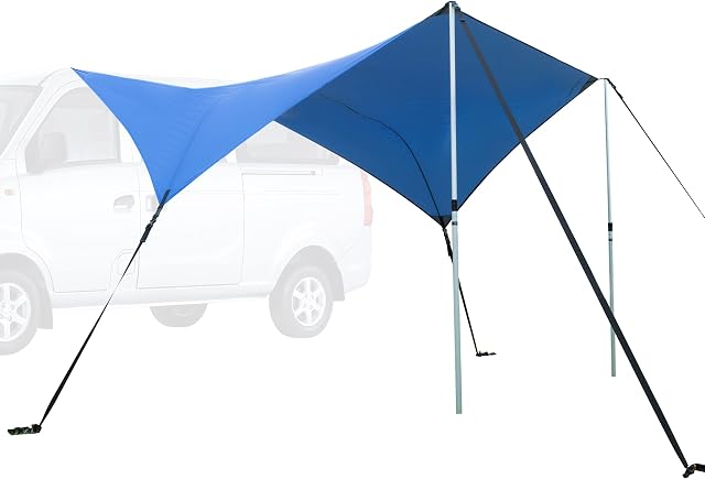 Ultrasport car canopy awning, suitable for cars, vans and camper vans, protects against sun and rain, durable and robust material, integrated suction cups and pegs, poles and straps, blue