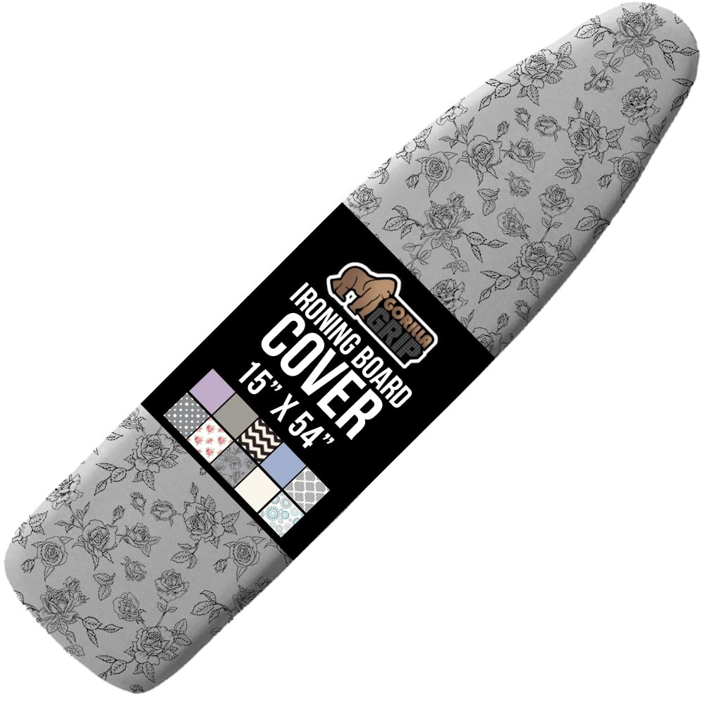 GORILLA GRIP Reflective Silicone Ironing Board Cover, Resist Scorching and Staining, 15x54, Hook and Loop Fastener Straps, Pads Fit Large and Standard Boards, Elastic Edge, Thick Padding, Gray Floral