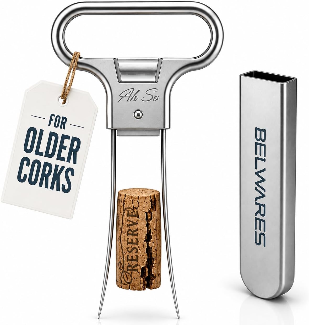 Belwares Ah So Wine Opener Cork Puller, Wine Bottle Opener for Old Corks | Stainless Steel Wine Tool and Cork Opener for Wine Bottles, 2 Bonus Silicone Stoppers, No Twisting or Drilling