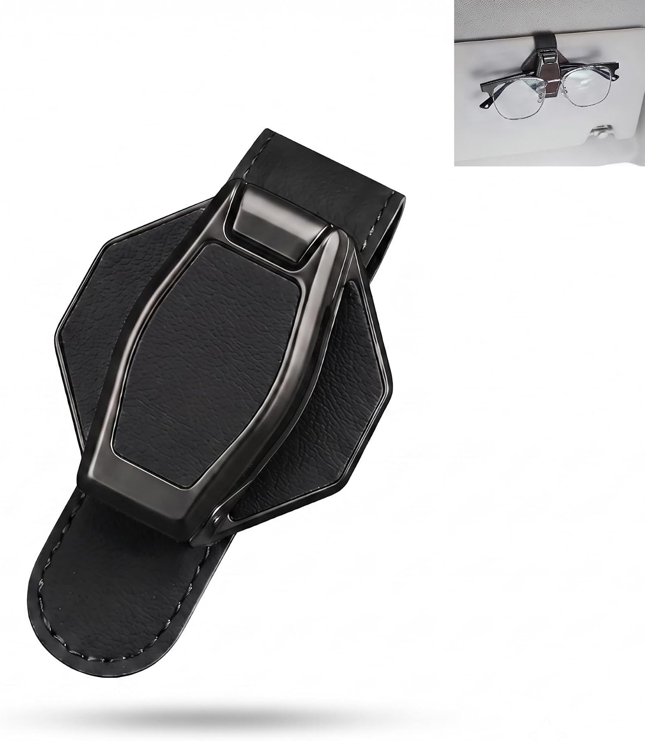 Premium-grade Texture Car Visor Sunglasses Holder Clip, Metal Leather Car Sunglass Organizer, Multifunctional Car Ticket Card Clip Eyeglass Mount, Fit for All Cars (Black)