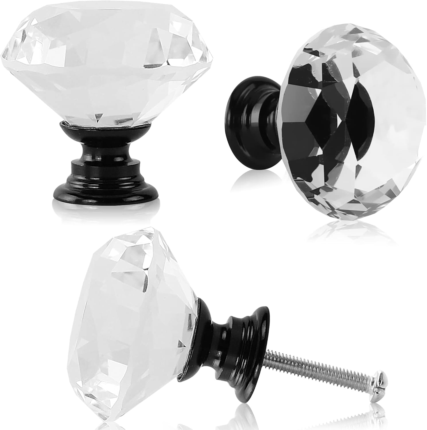 12 Pcs 30mm Diamond Shape Crystal Glass Cabinet Knobs with Screws Drawer Knob Pull Handle Used for Kitchen, Dresser, Door, Cupboard (Black B Clear)