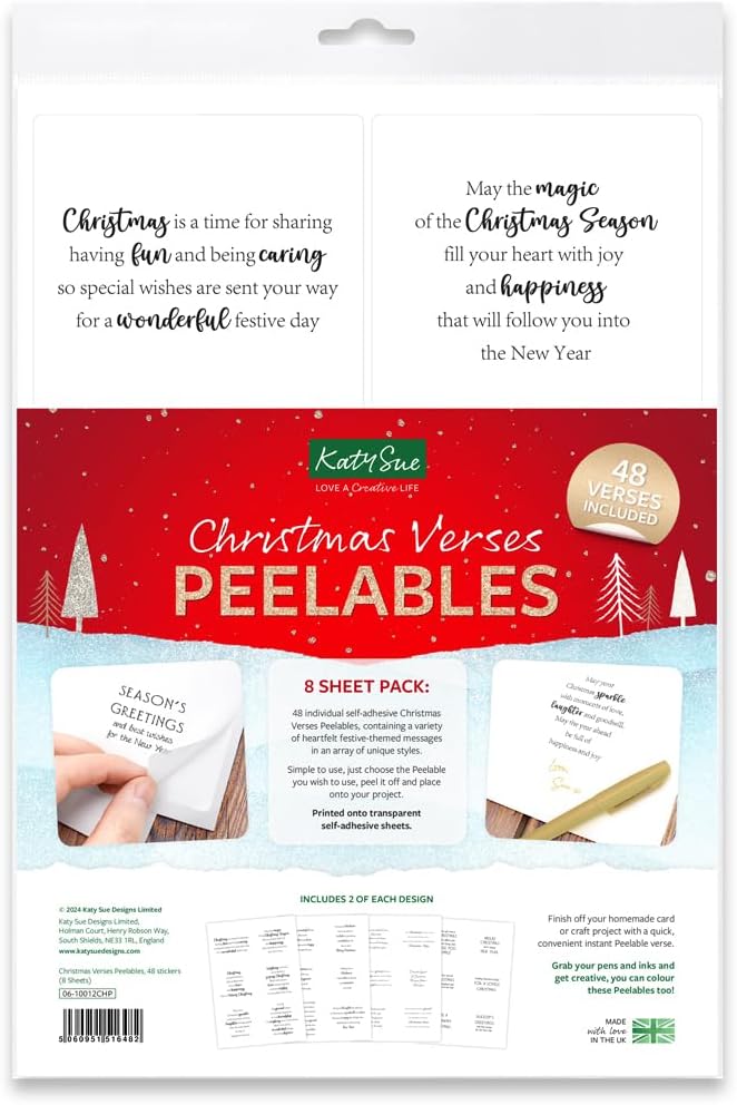 Katy Sue Christmas Verses Peelables Stickers for Christmas Card Making. 48 Peelable Verses, Peel Offs & Sentiments for Card Making Supplies from Katy Sue Designs. Stickers 99 x 93 MMS or 4 x 3.7 inch