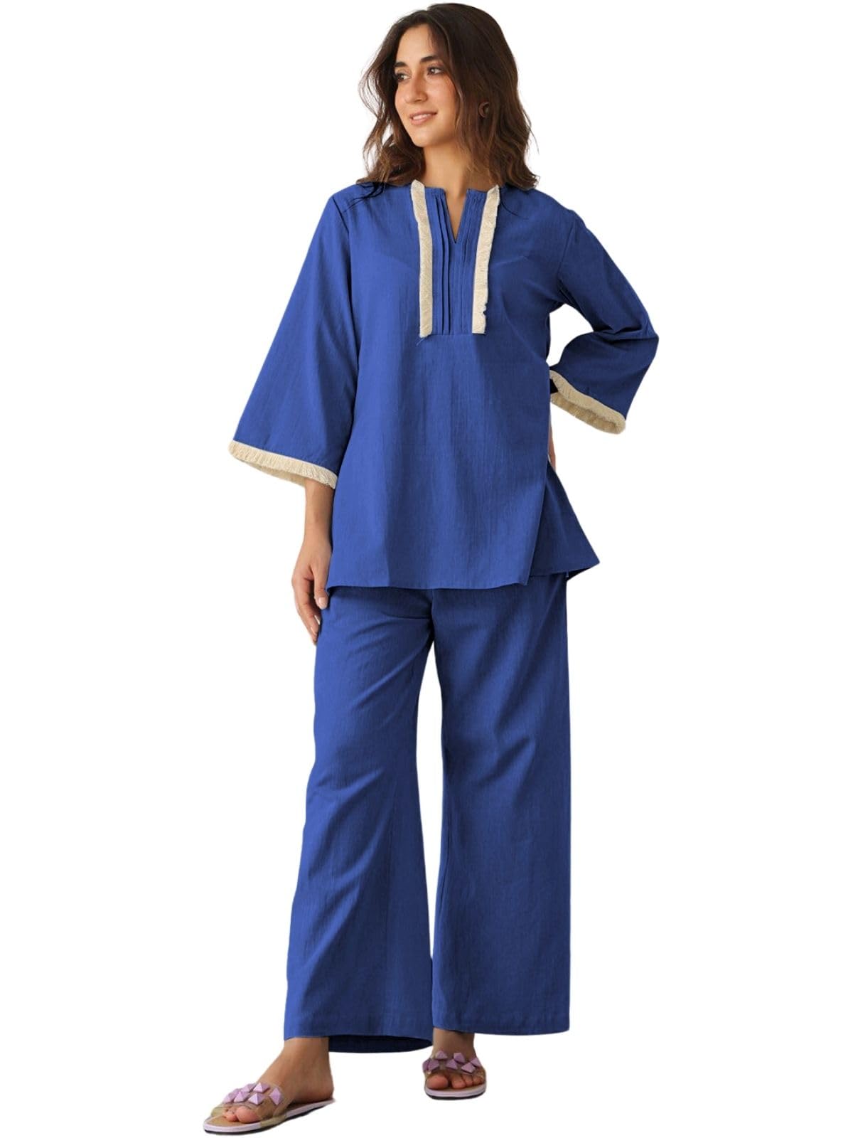 Greciilooks Polycotton Ethnic Mid-Thigh Length Stylish | Festive Travel Co Ord Kurta Set For Women (Gl-W2048&Tr1023_Blue_S)