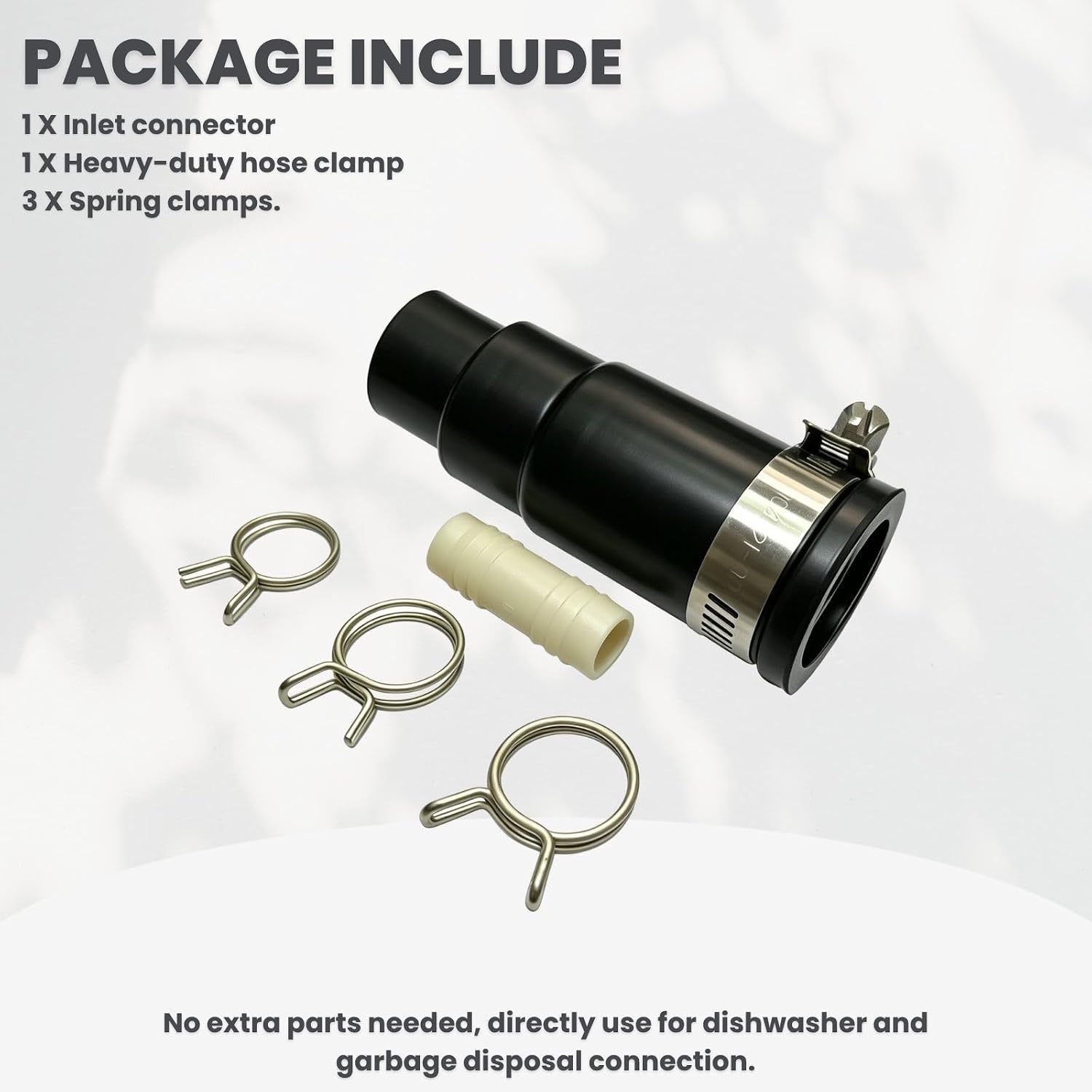 Dishwasher Drain Hose Adapter - Leak-Proof Connection Kit with Inlet Connector, Hose Clamp & 3 Spring Clamps, Tool-Free Installation for Garbage Disposals (Fits 0.5-1.2 Inch Hoses)