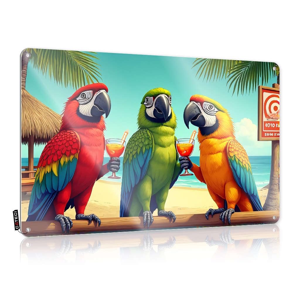 Fzfn Colour Custom Clean Tin Metal Decor - Parrots Enjoying Tropical Drinks On The Beach. Rustic Wall Art Fun Easy Hang For Basement Bar(30X40cm)