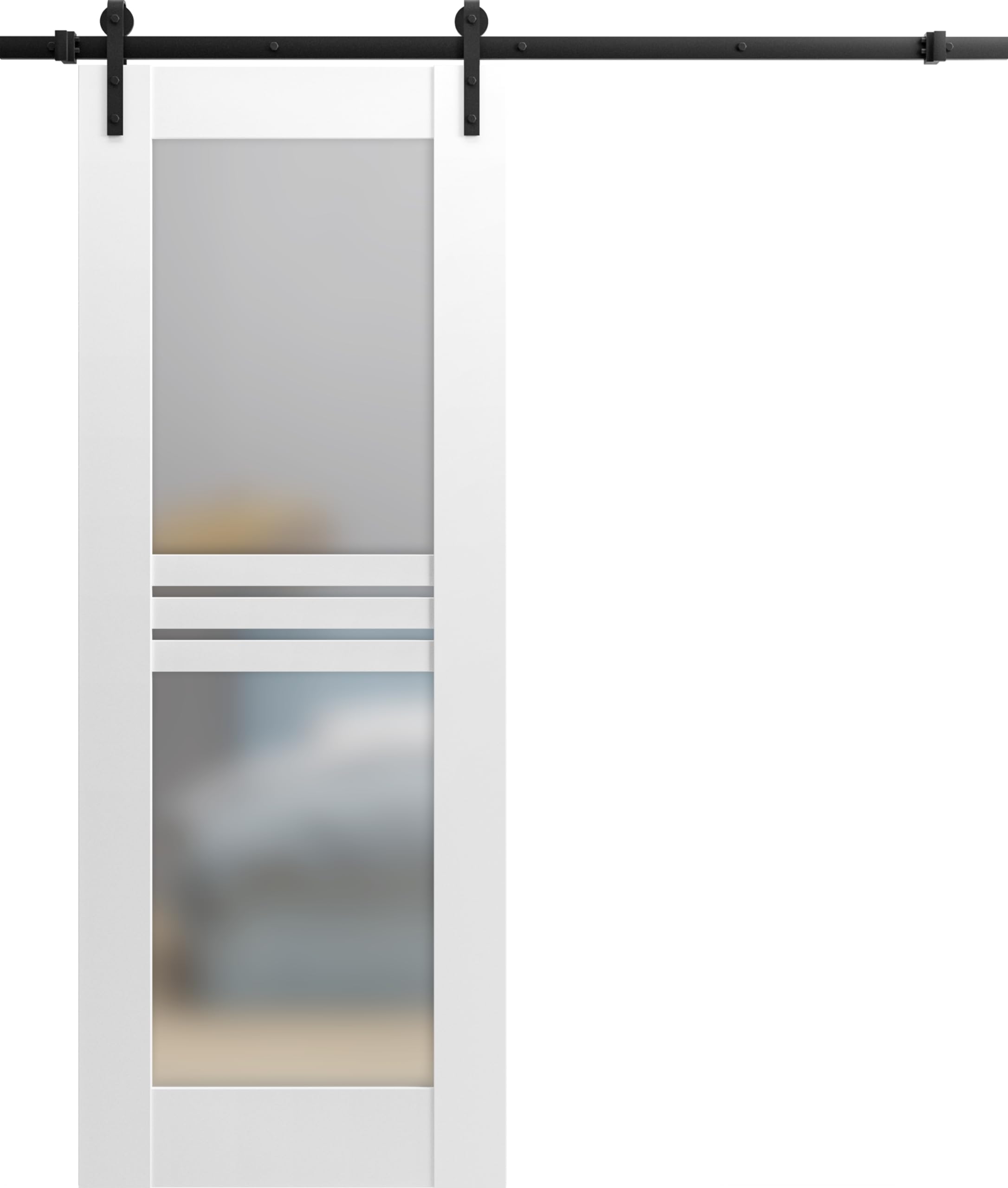 VDOMDOORS Modern Barn Door 30 x 84 inches Opaque Glass 4 Lites/Mela 7222 White Silk / 6.6 feet Rail Track Heavy Hardware Set/Solid Panel Interior Doors