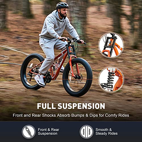 Viribus Fat Tire Mountain Bike For Men Women, 26 Inch Full Suspension Bicycle With Aluminum Alloy Frame Adjustable Seat, 21 Speed Adult Bike On Or Offroad Mtb With Disc Brakes Light & Gloves, Orange #TOP1