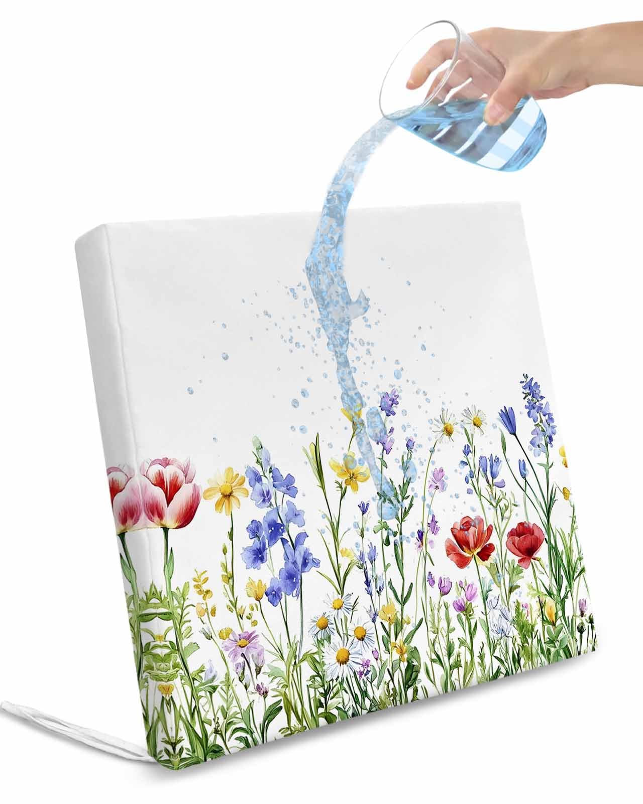 2 Pack Spring Flowers Waterproof Cushion Covers with Ties, Outdoor Patio Chaise Lounge Chair Seat Cushion Slip Covers Replacement(Only Cover) Simple Farmhouse Botanical Floral Herbs 20