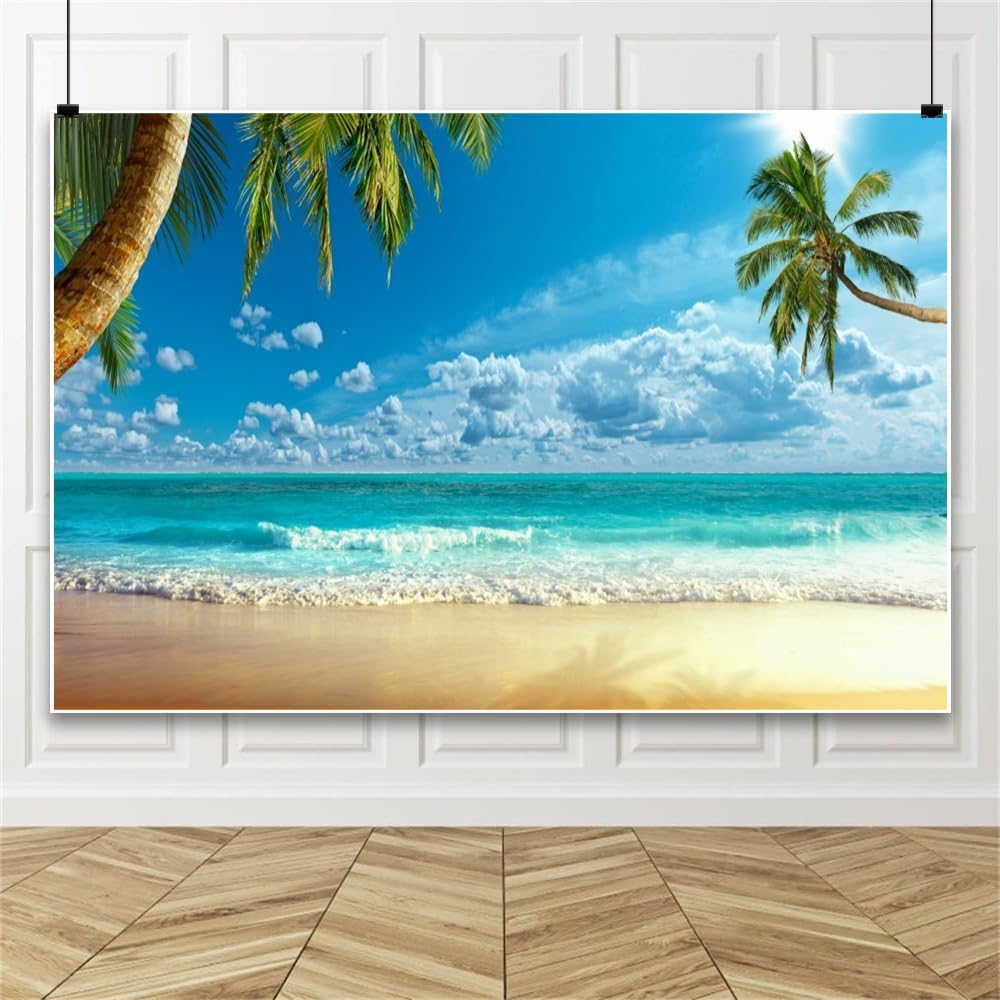 Laeacco Summer Seaside Beach Backdrop 10x8ft Tropical Beach Backdrop Crooked Palms Blue Sky White Clouds Ocean Waves Hawaiian Backdrops Wedding Photo Shoot Studio Birthday Luau Party Supplies image 5