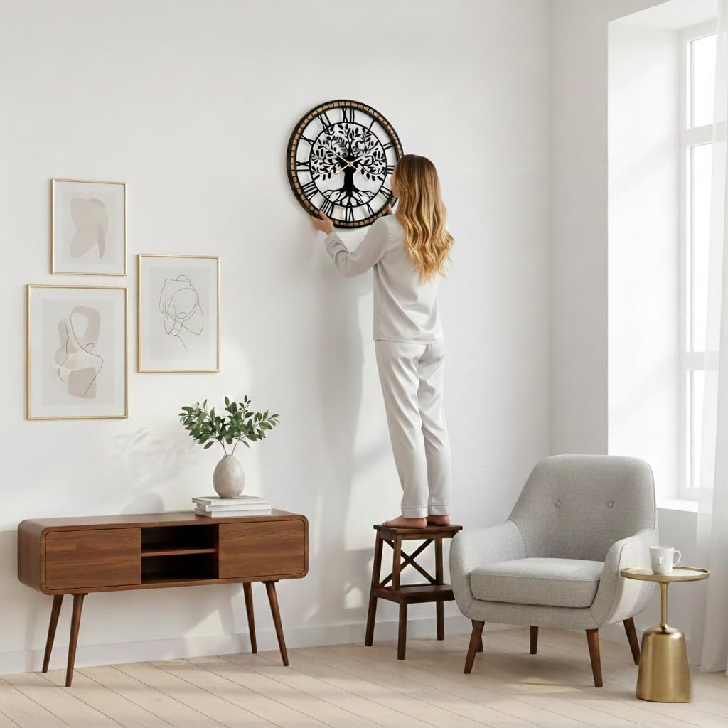 Large Wall Clock for Living Room Decor 22 Inch Tree of Life Metal Wall Art, Non-Ticking Battery Operated Metal Black with Solid Wood Frame for Office/Bedroom/Kitchen/Dining Room