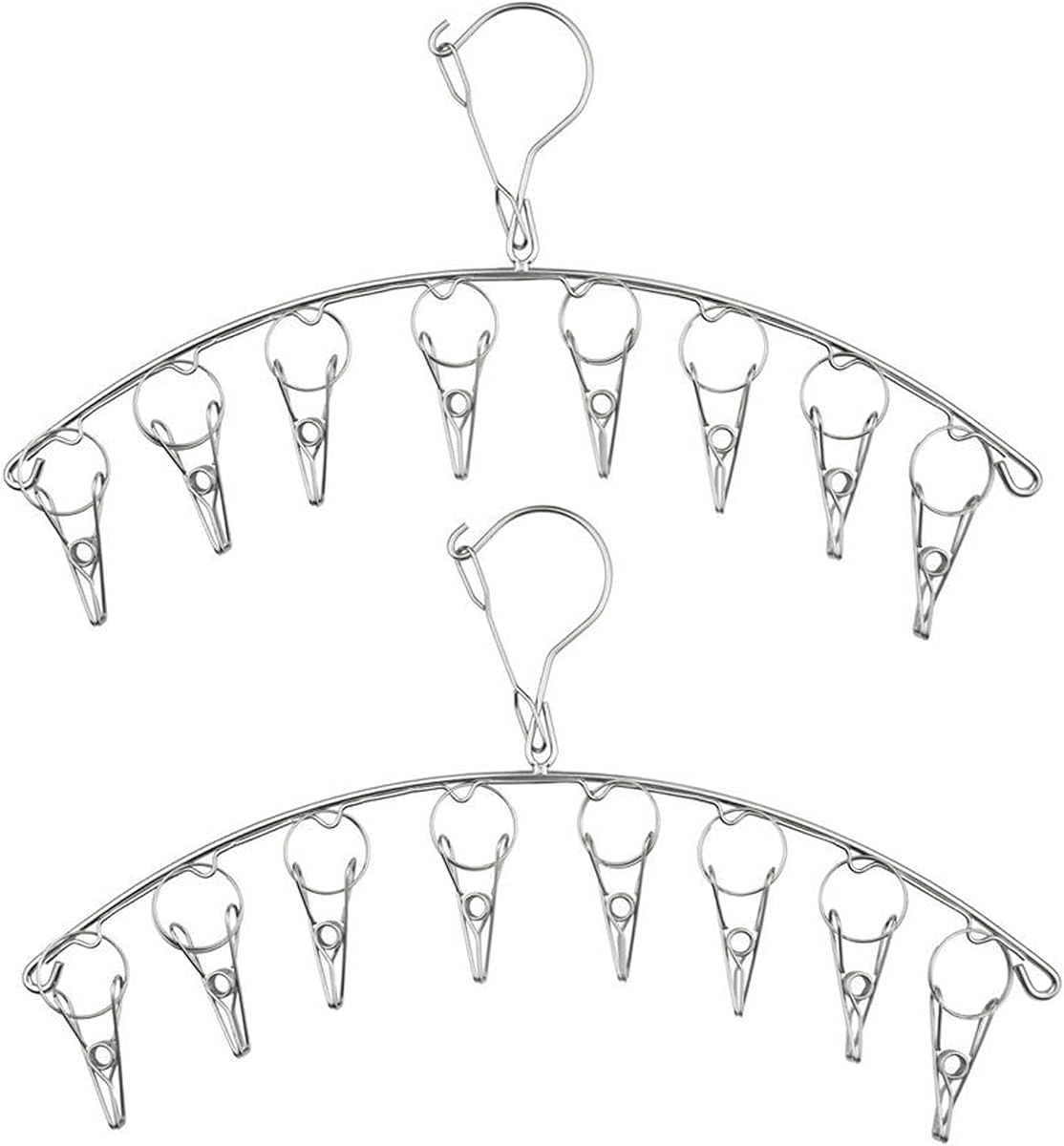 2Pcs Clothes Drying Hanger with 16 Clips, Stainless Steel Sock Air Drying Rack, Windproof Anti-Lost for All Small Laudry Item and Herbs