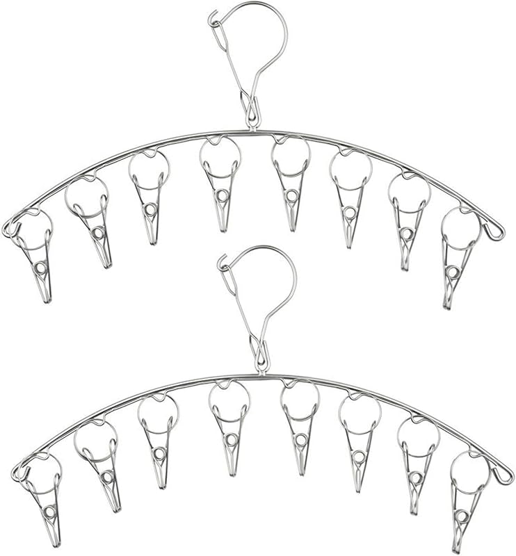 2Pcs Clothes Drying Hanger with 16 Clips, Stainless Steel Sock Air Drying Rack, Windproof Anti-Lost for All Small Laudry Item and Herbs
