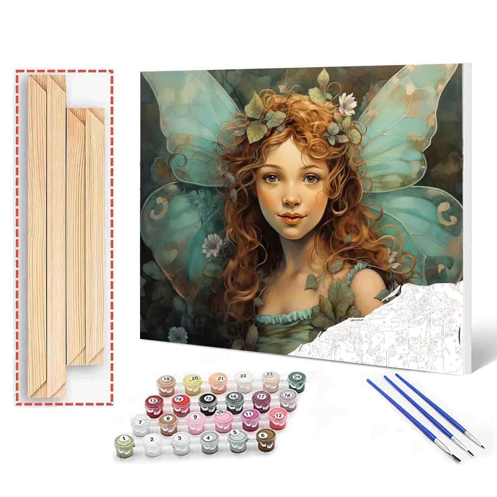 Little Girl Angel DIY Paint by Numbers for Adults Blue Wings DIY Digital Oil Painting Acrylic Paint Angel Leaves Flowers Painting Kits Canvas With Acrylic Paint Room Decor 16x20 Inch （DIY Frame ）