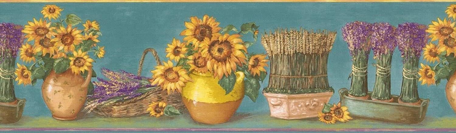 CONCORD WALLCOVERINGS ™ Wallpaper Border Garden Pattern Plants in Pots Sunflowers Lavender for Cottage Farmhouse Kitchen Dining Room, Blue Yellow Green Purple, 15 ft by 7 in KC78060