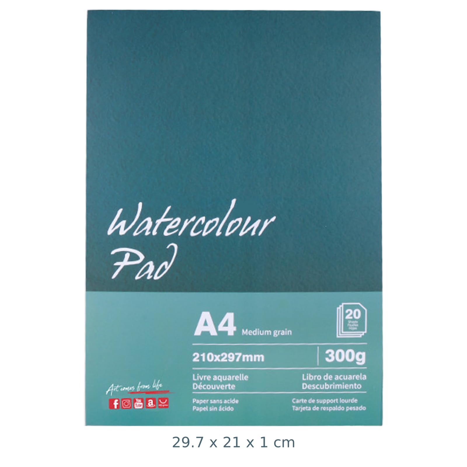 A4 Aquarellpapierblock, 300 g/m², 20 Blatt, einseitig geleimt, mit Baumwollzellstoff, säurefrei, dickes kaltgepresstes Papier für Aquarell, Buntstift, Skizzen und Malerei