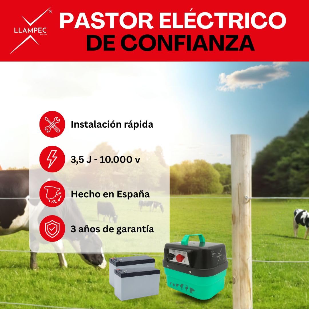 Pastor eléctrico Llampec Mod.24 con batería Recargable 12V – 3,5 J, 10.000 V y 35 km de Alcance – Ideal para Ganado equino, Vacuno, porcino, ovino, Animales Salvajes y Mascotas – Fabricado en España