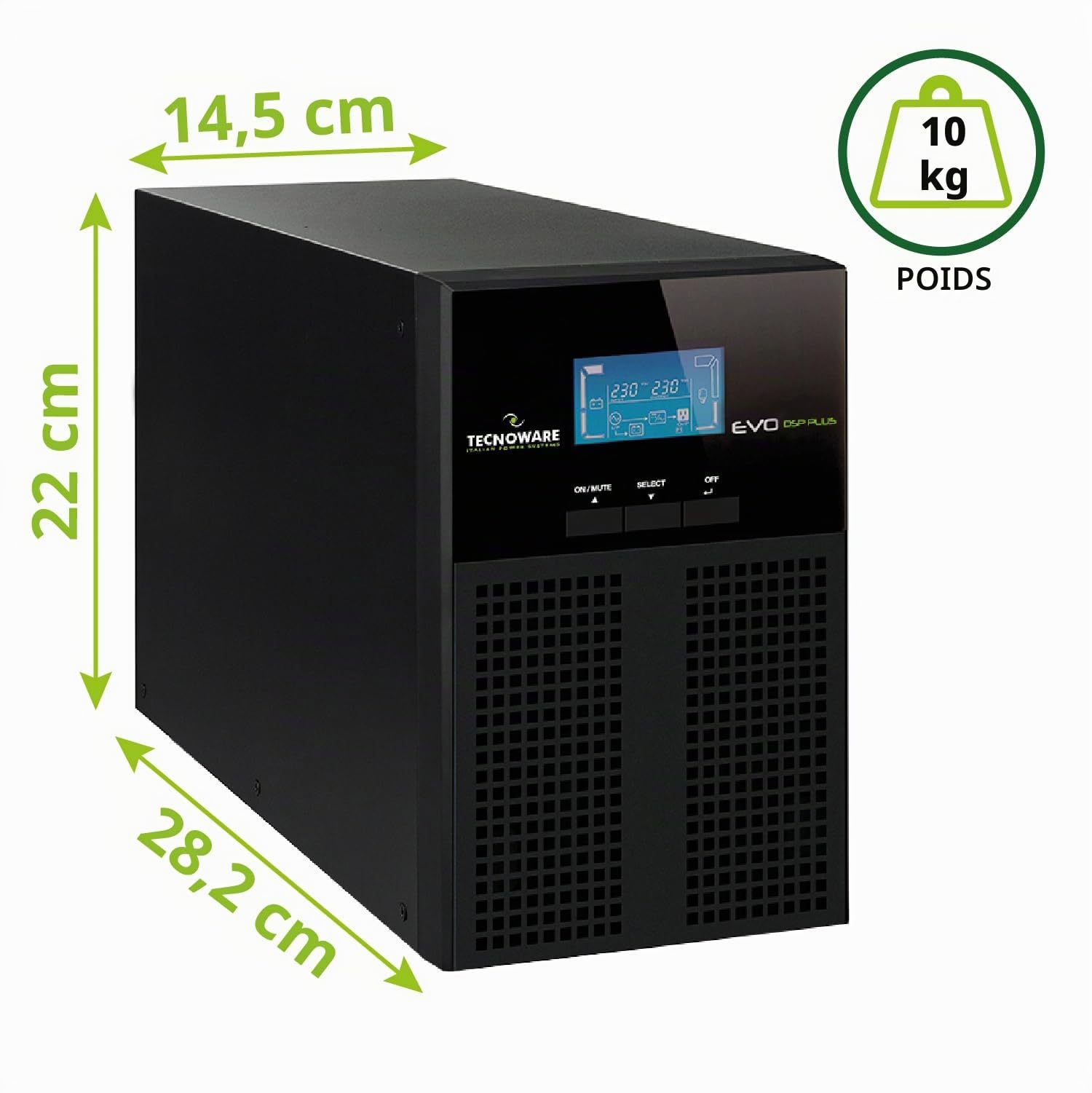 Tecnoware Power Systems - Onduleur Evo DSP Plus, Technologie DSP on Line (VFI), Efficacité 94%, Protection Complète, Compatible Groupes Électrogènes, Ports USB/RS232, 1200 VA