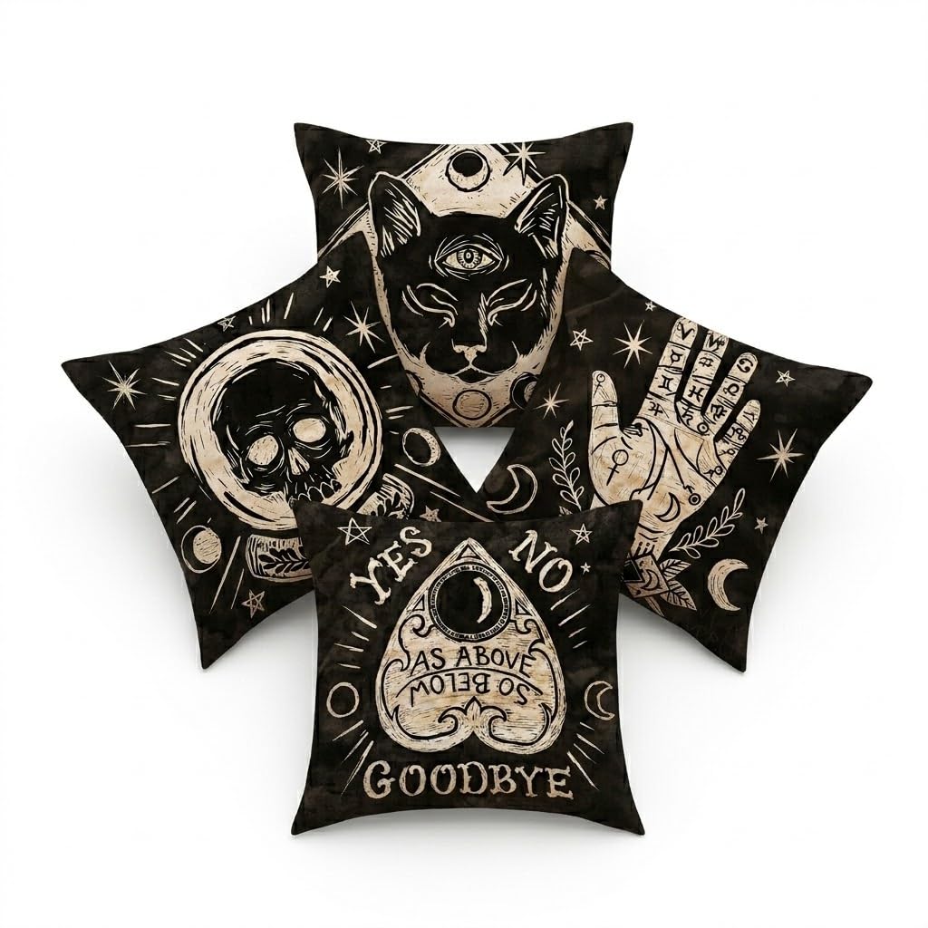 Prk 14 Black Cushion Covers 4 Pcs Halloween Pillow Throws For Livingroom Bedroom Skulls Evil Ouija Board Couples Sofa Horror Scary Pillowcase Set 45 X 45Cm