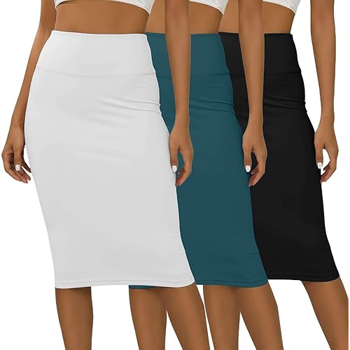 Real Essentials 3 Pack: Womens Soft Midi Skirt – High Waisted Pencil Work Office Business Casual Skirts with Back Slit Plus