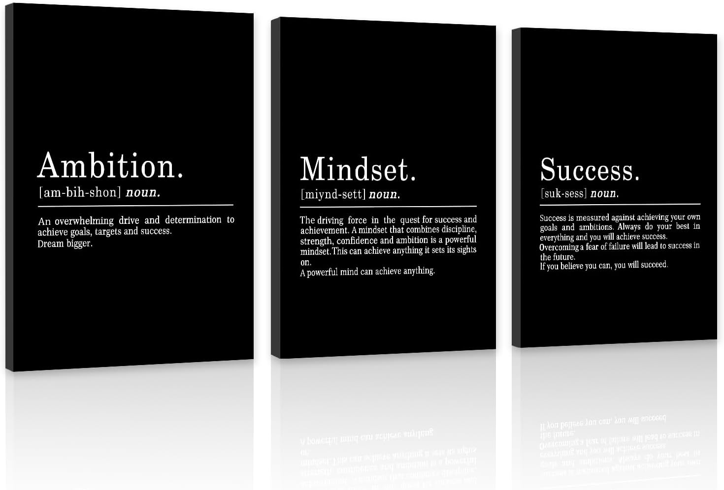 COSCTOR Set of 3 Motivational Wall Art Canvas Garage Office Workplace Living Room Bedroom Ambition Mindest Success Black and White Wall Decor Set of 3 Inspirational Quotes Posters Proverbs Paintings(Framed,12×16)