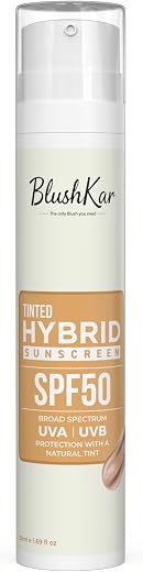 BLUSHKAR Tinted Mineral Sunscreen SPF 50+ - Lightweight, Oil-Free, Broad Spectrum Protection with Hyaluronic Acid, Vitamin...