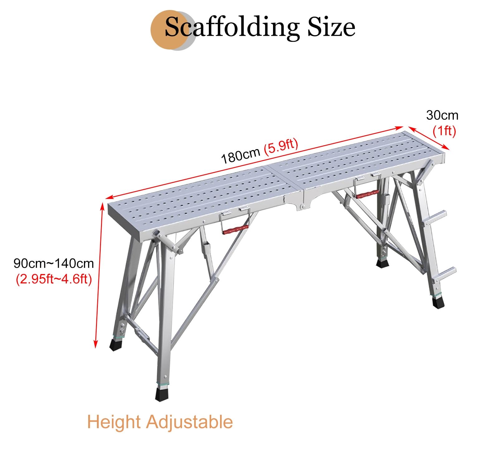 Échafaudage en Acier galvanisé avec Plateforme de Travail et Repose-Pieds, Pliable, antidérapant, réglable, Stable, Haute capacité de Charge, 2 m x 30 cm, idéal pour Les projets de Bricolage